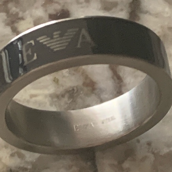 NEW Emporio Armani Black Enamel EA Logo Band, Stainless Steel, Size 9 - Picture 5 of 11